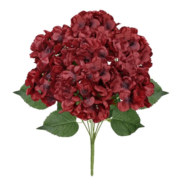 LIVING LUXURY 20 in. Deluxe Burgundy Artificial Hydrangea Flower Stem Bush Bouquet (Set of 2)