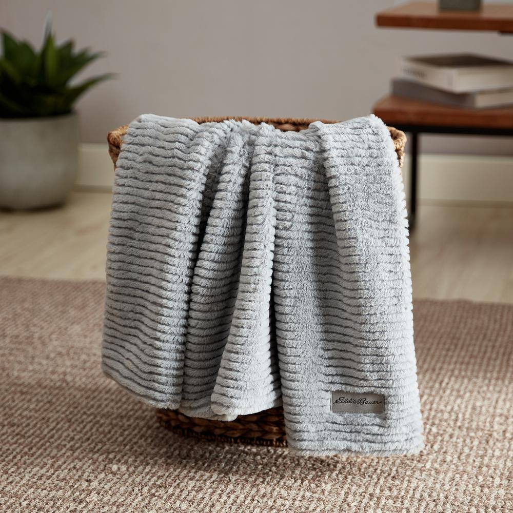Gray Ribbed Reversible Fleece Sherpa Throw Blanket