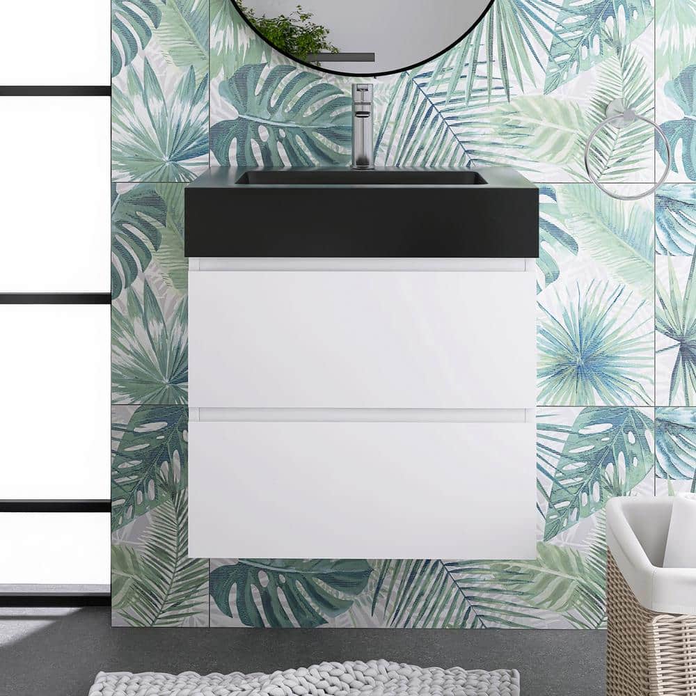 24 in. W x 18 in. D x 25.2 in. H Single Sink Wall-Mounted Bath Vanity in White with Black Solid Surface Top price history on PriceWatchPro