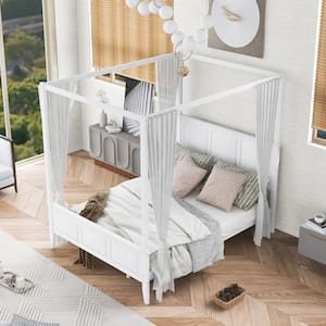 Modern White Wood Frame Queen Size Canopy Bed with Headboard and Footboard and Slat Support Legs