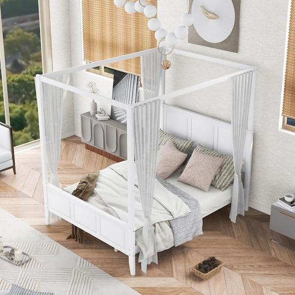 Harper & Bright Designs Modern White Wood Frame Queen Size Canopy Bed with Headboard and Footboard and Slat Support Legs