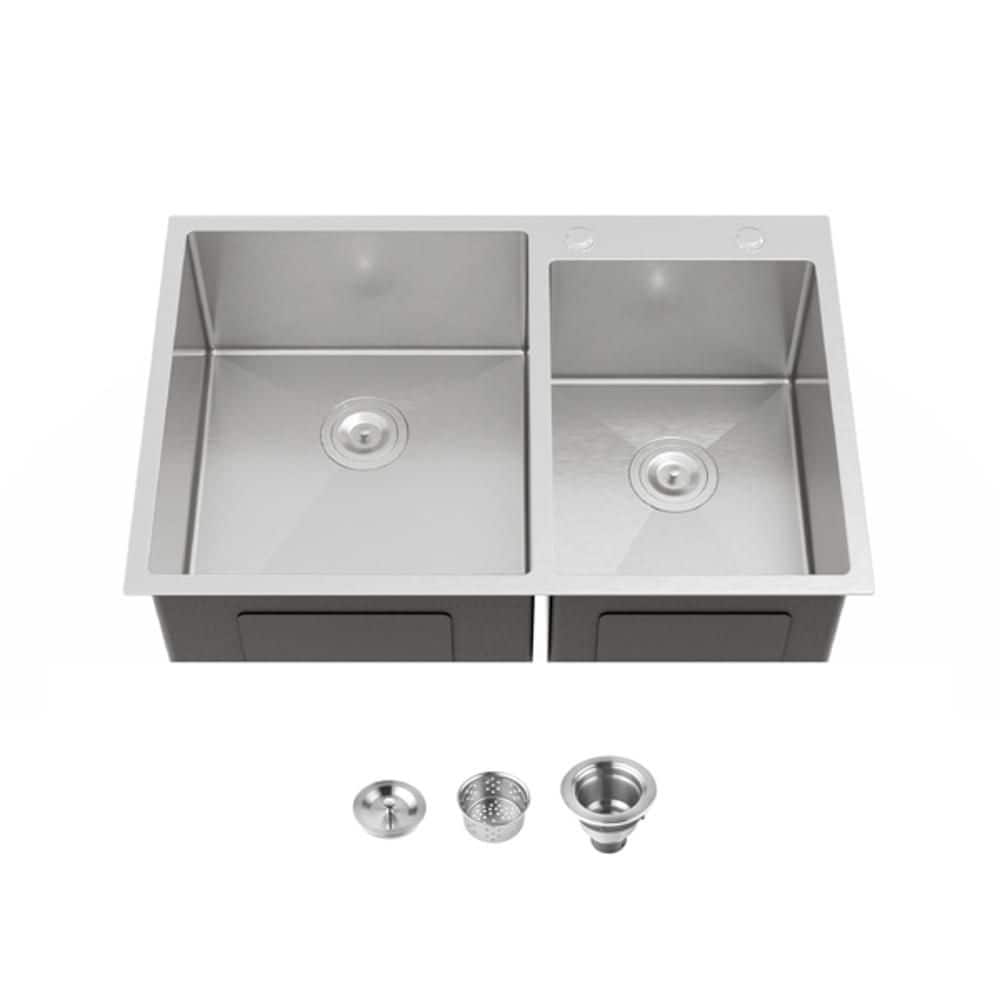 Numhew 33 in. Embedded Double Bowl 20 Gauge Stainless Steel