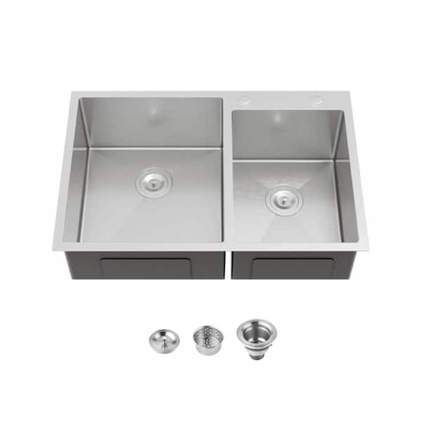 33 in. Embedded Double Bowl 20 Gauge Stainless Steel Kitchen Sink, Drop-in/Topmount Handmade Sink in Brushed