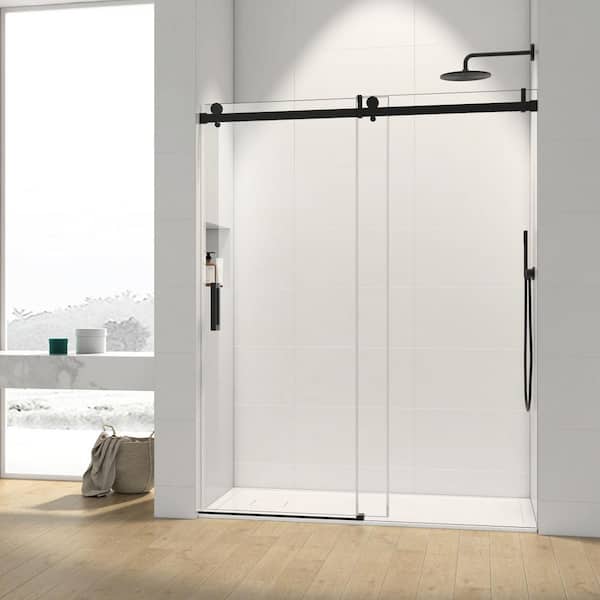 Satico 60 in. W x 76 in. H Single Sliding Frameless Shower Door/Enclosure in Matte Black Finish with Clear Glass
