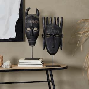 Black Polystone Handmade Carved Mask Sculpture (Set of 2)
