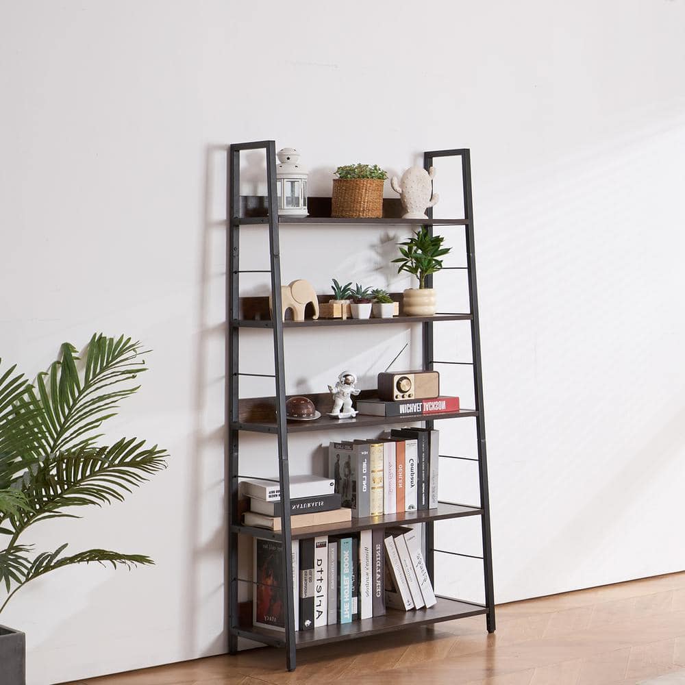 Tall Brown Matte 5-Tier Ladder Metal Bookshelf