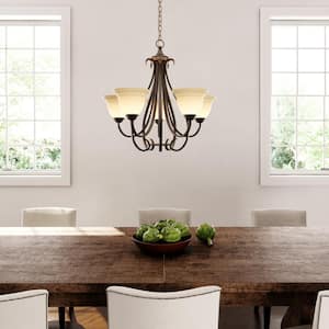 Torino Collection 5-Light Forged Bronze Tea-Stained Glass Transitional Chandelier Light