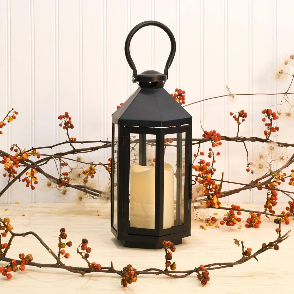 Black Hexagon Metal Lantern with Amber LED Candle