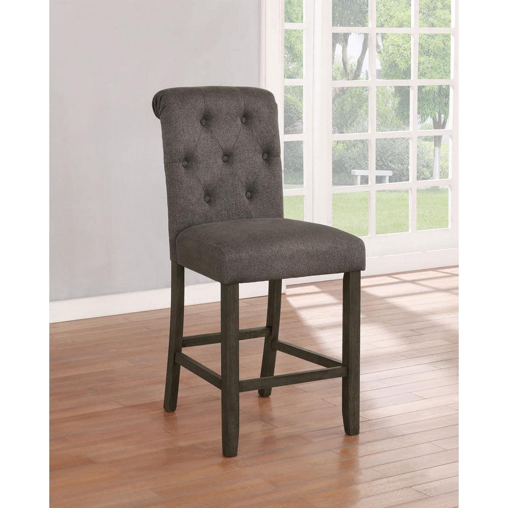 Gray Tufted Back Counter Height Stools with Rustic Brown Wood Frame, Set of 2