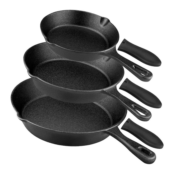 Cast Iron Skillet Set 3 Piece Black Pre-Seasoned Heat-Resistant Handle Versatile Oven Safe Cooktop Fry Pan