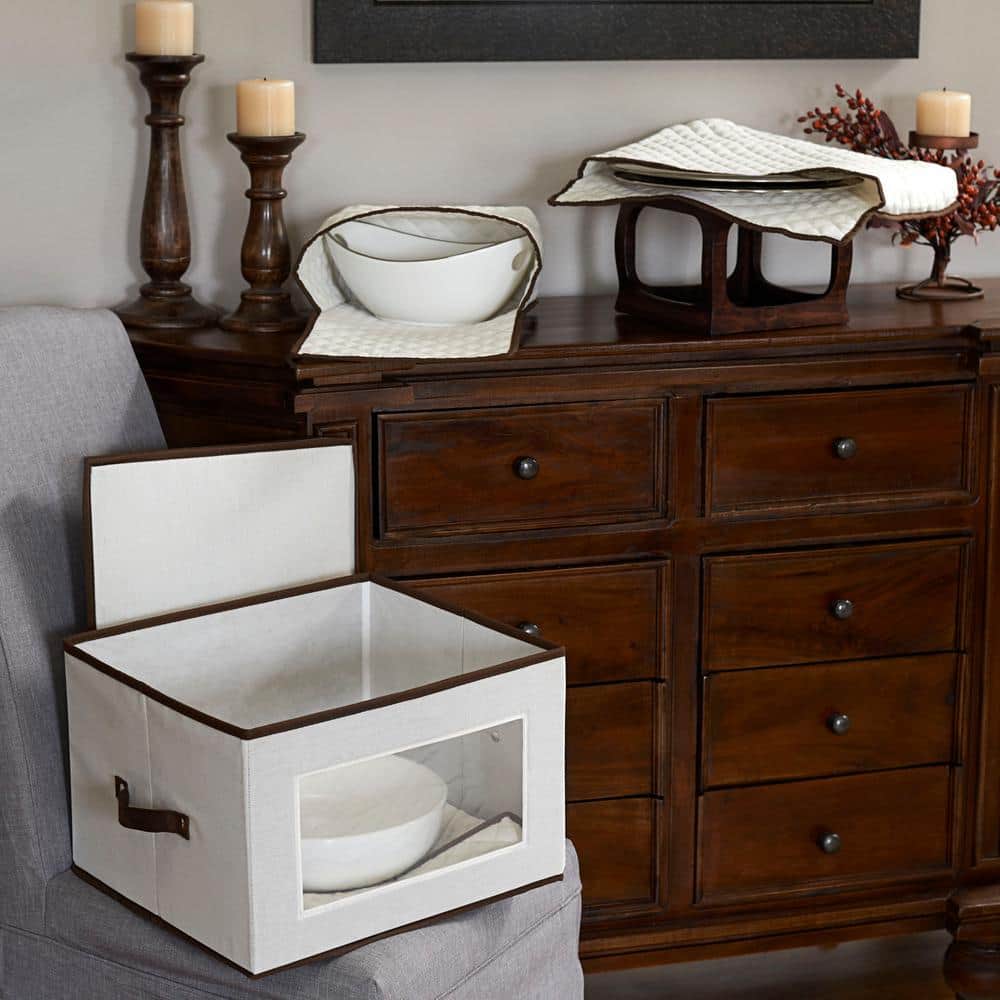 Natural Canvas Serveware Storage Box with Quilted Pouches