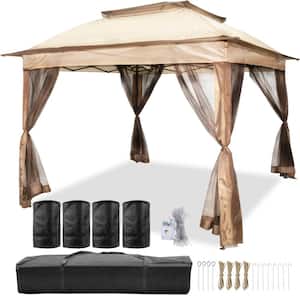 Outdoor Pop-Up Canopy Gazebo Tent 11 ft. x 11 ft. Portable Canopy Patio with Netting and Four Sandbags, Brown