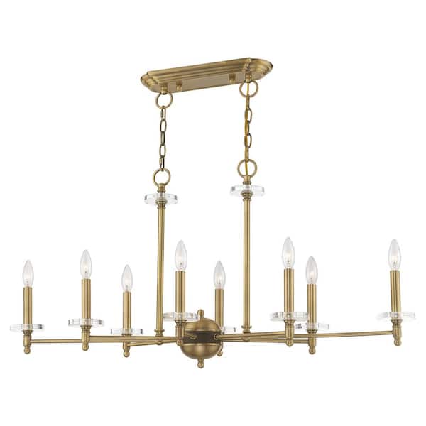 AVIANCE LIGHTING Rosecrest 8-Light Antique Brass Linear Chandelier with clear crystal bobeches