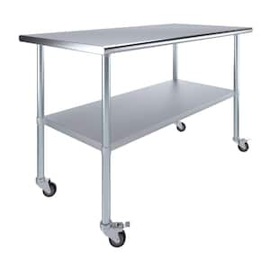 30 in. x 60 in. Stainless Steel Work Table with Casters Mobile Metal Kitchen Utility Table with Bottom Shelf