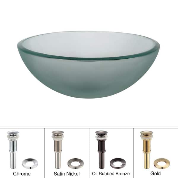 KRAUS Single-Tone 14 in. Round Vessel Bathroom Sink in Frosted Clear Glass with Pop-Up Drain and Mounting Ring in Chrome