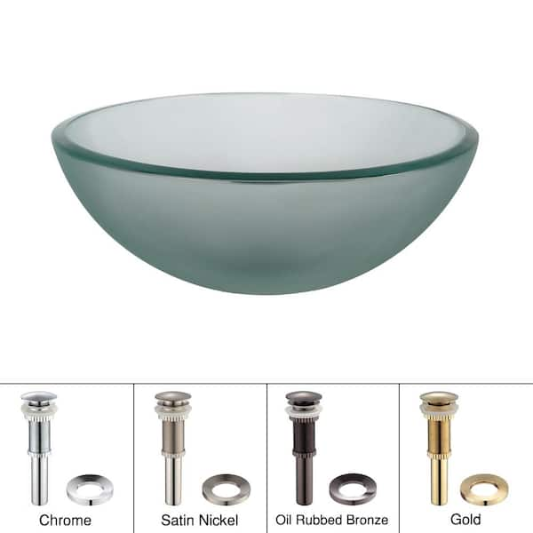 KRAUS Single-Tone 14 in. Round Vessel Bathroom Sink in Frosted Clear Glass with Pop-Up Drain and Mounting Ring in Satin Nickel