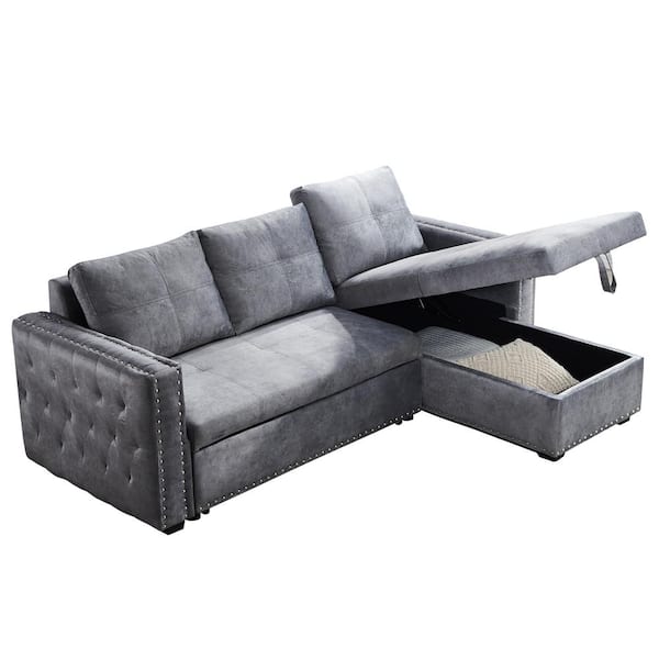 Z-joyee 91 in. Gray Velvet Reversible Sleeper 3-Seat Sectional Sofa Corner  Full Sofa Bed with Storage Square Arm Nailheaded P-S202200430 - The Home  Depot