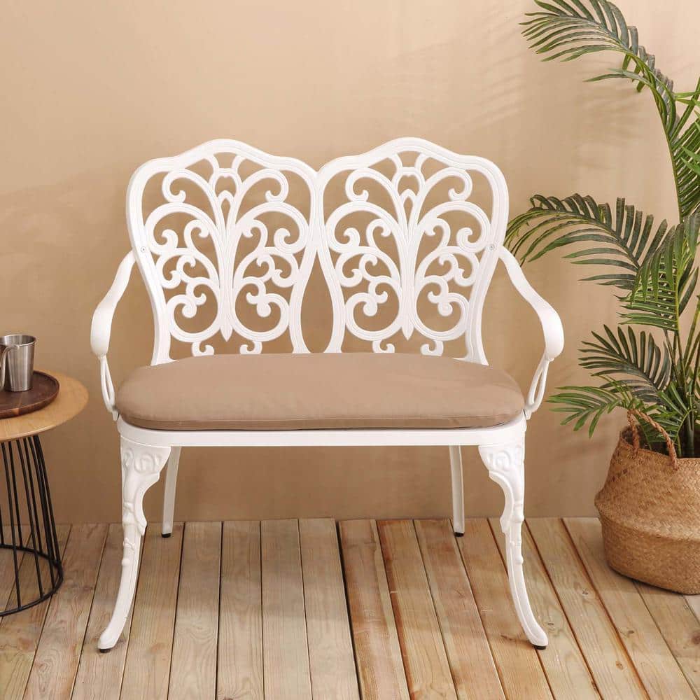 34.6 in. 2-Person White Rust-Resistant Cast Aluminum Outdoor Bench Patio Pa
