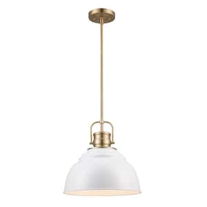 Shelston 13 in. 1-Light White and Brass Farmhouse Pendant Light Fixture with Metal Shade
