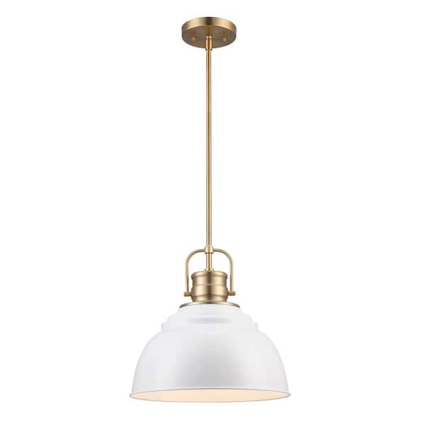 Home Decorators Collection Shelston 13 in. 1-Light White and Brass Farmhouse Pendant Light Fixture with Metal Shade