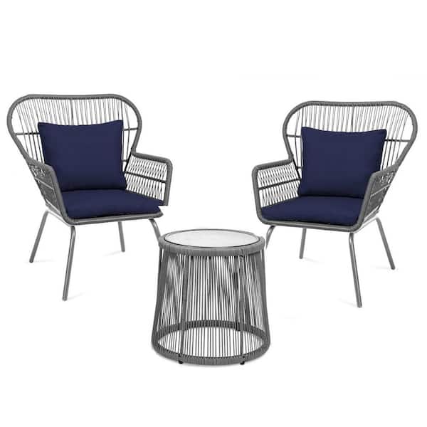 3-Piece Wicker Outdoor Dining Set with Navy Cushion