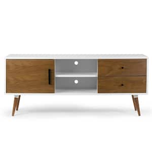 Alta 55 in. White and Walnut Composite TV Stand with 2 Drawer Fits TVs Up to 105 in. with Storage Doors