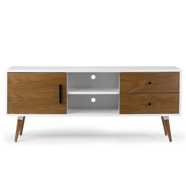 Glamour Home Alta 55 in. White and Walnut Composite TV Stand with 2 Drawer Fits TVs Up to 105 in. with Storage Doors