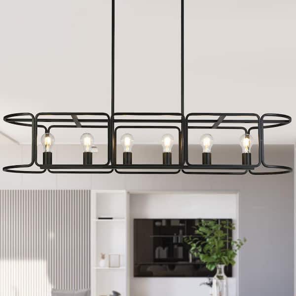 48 in. 6-Light Black Rectangle Island Chandelier Modern Dining Room Hanging Light with Metal Cage Linear Hanging Rods