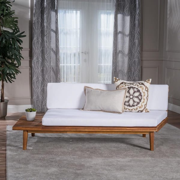 Noble House Reginald Sandblast Wood Outdoor Patio Left Sided Sofa with White Cushion