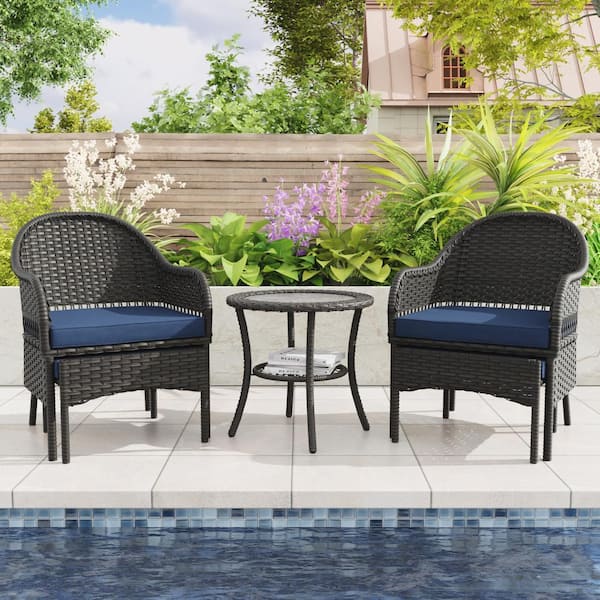 Sudzendf 5-Piece Wicker Outdoor Bistro Set with Blue Cushion, 2 Armchairs 1 Side Table and 2 Hidden Ottomans