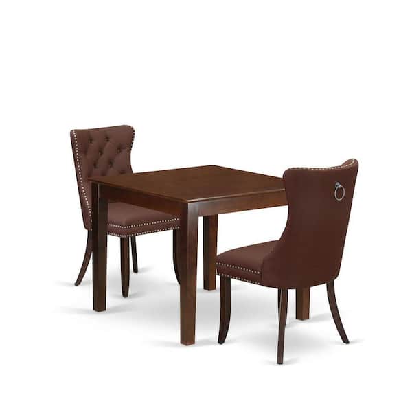 East West Furniture 3-Piece Mahogany Finish Square Solid Wood Top Dining Table Set