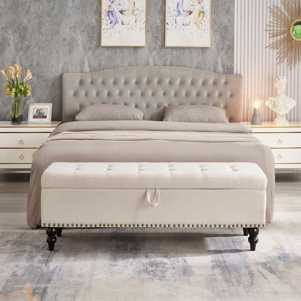59 in. Beige Tufted End of Bed Bench Ottoman with Storage, 500 lbs. Capacity-Space-Saving Design