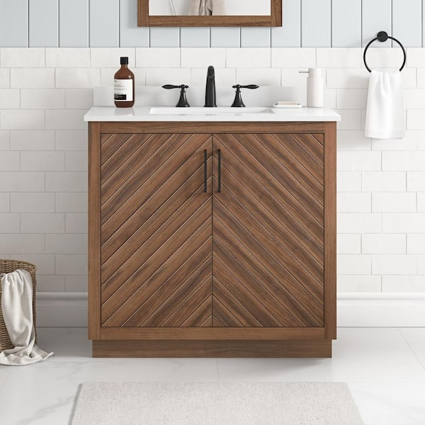 Glacier Bay Huckleberry 36 in. W x 19 in. D x 34 in. H Single Sink Bath Vanity in Spiced Walnut with White Engineered Stone Top