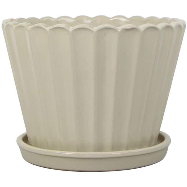 14in Fluted Scallop Cream Ceramic Planter (14 in. D x 10.5 in. H)