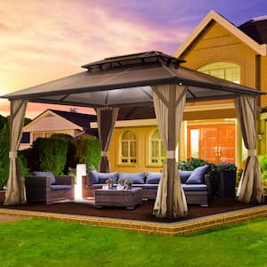 10 ft. x 13 ft. Aluminum Outdoor Polycarbonate Double Roof Gazebo with Ceiling Hook, Mosquito Netting and Curtains,Brown
