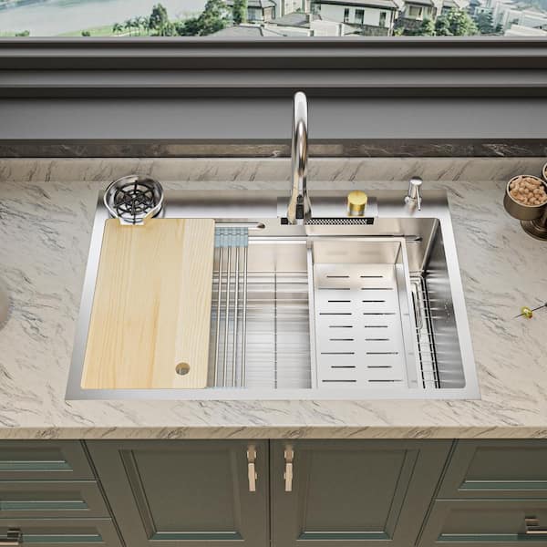 33.2 in. W Drop-In Single Bowl Silver Stainless Steel Kitchen Sink Workstation Set With Waterfall, Pull-Down Faucet