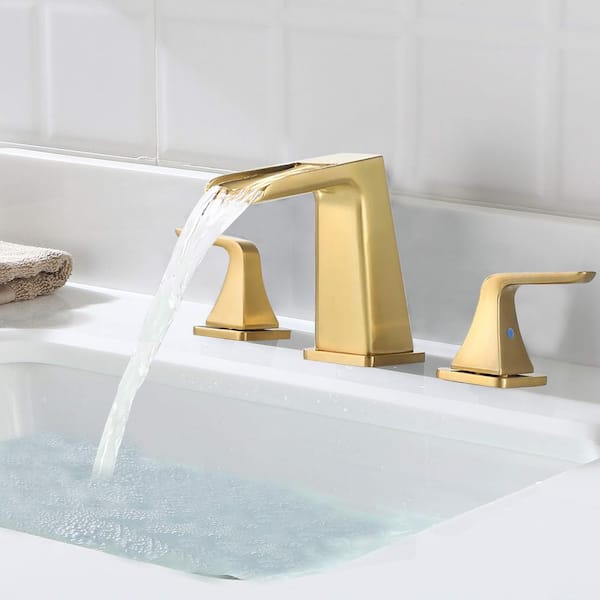 8 in. Widespread 2-Handle Waterfall Spout Bathroom Faucet with Pop-Up Assembly in Brushed Gold