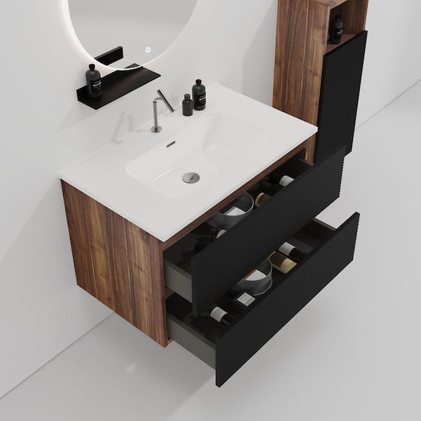 Glory 30 in. Single Sink Wall Mounted Walnut with Soft Black Panel Bath Vanity with White Integrated Ceramic Top Sink