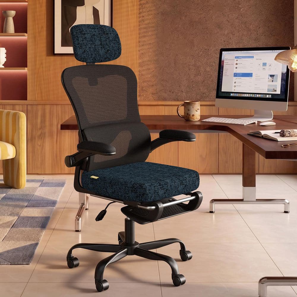 Fabric Seat Reclining Ergonomic Task Chair in Blue with Flip-Up Arms, Mesh Back, Lumbar Support, Headrest and Footrest