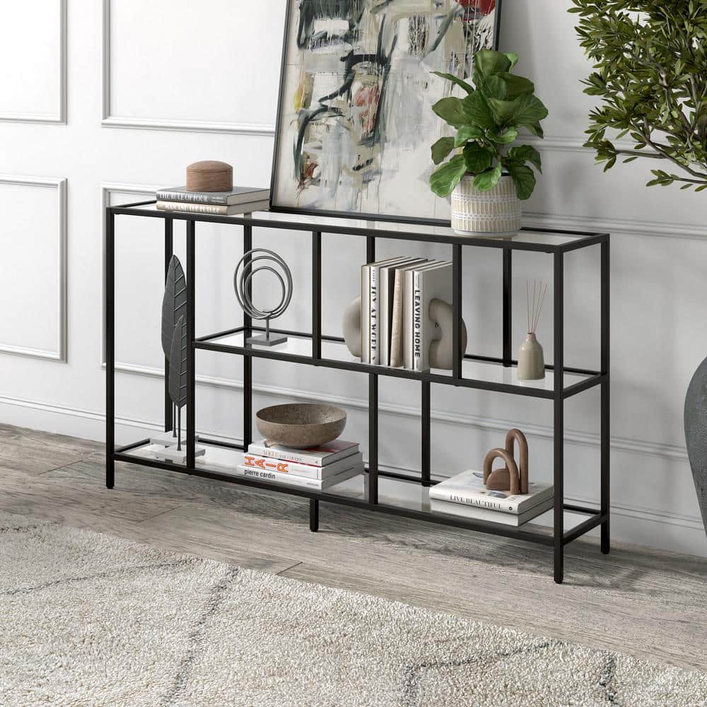Modern Blackened Bronze 52" Console Table with Glass Shelves