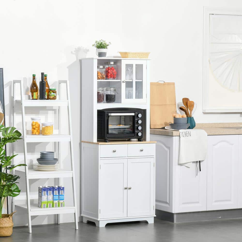 White Recessed Panel Kitchen Buffet with Hutch and Rubberwood Countertop