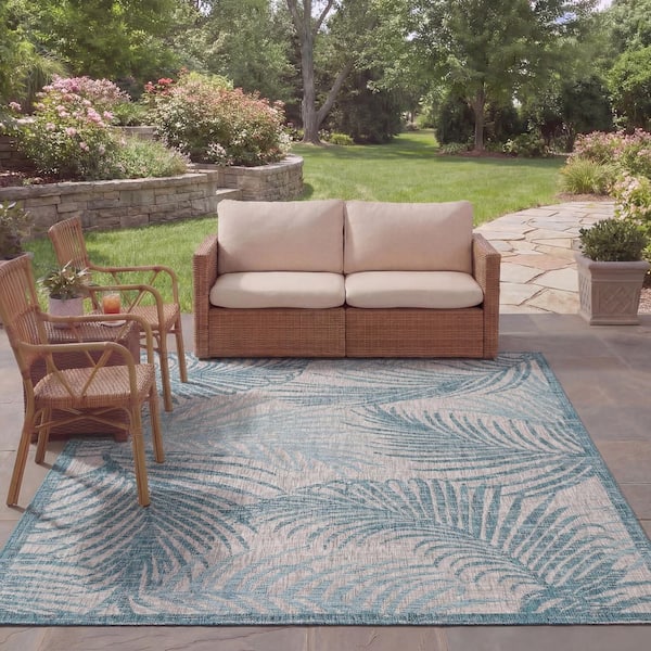 Courtyard Gray/Aqua 8 ft. x 11 ft. Geometric Indoor/Outdoor Patio  Area Rug