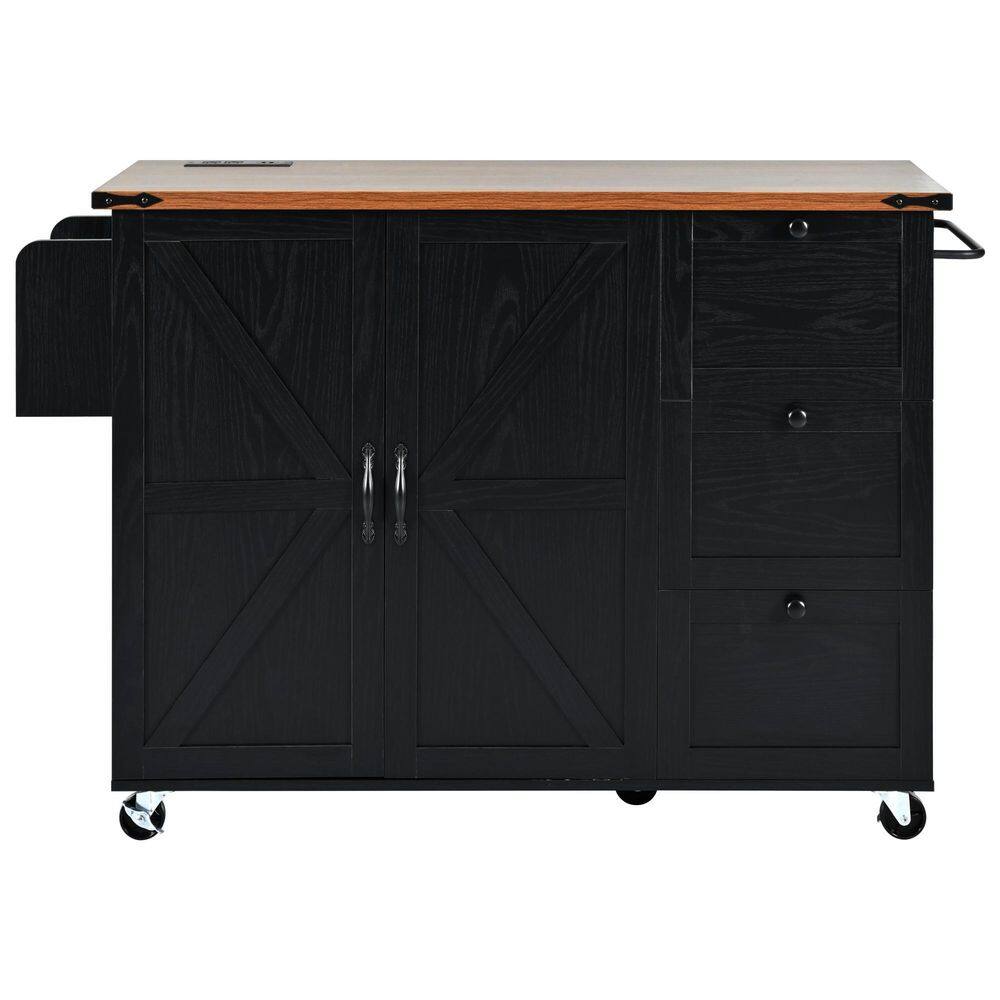 Black MDF Kitchen Cart with Drop Leaf and Power Outlet