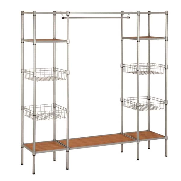 Yofe Rustic Brown Wooden Clothes Rack with Metal Frame Closet Organizer Portable Garment Rack with 2 Storage Box & Side Hook