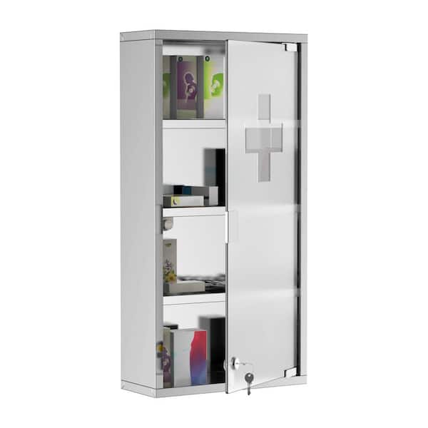 HOMCOM 11.75 in. W x 23.5 in. H Medium Rectangular Silver Stainless Steel Surface Mount Medicine Cabinet Without Mirror