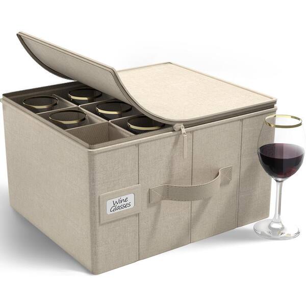 Beige Freestanding Stemware Organizer with Handles, Hard Shell Wine Glass Storage Case with Dividers and Handle Holds 12