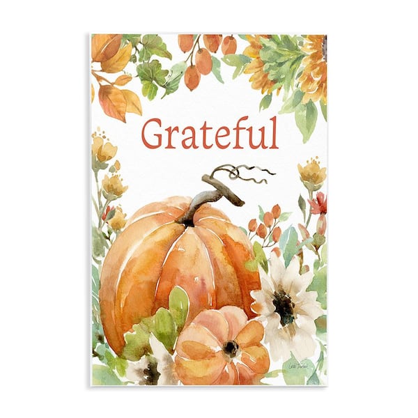 Stupell Industries Grateful Pumpkins & Flower by Leslie Trimbach 1-Piece Unframed Graphic Print Typography Poster Art Print 19 in. x 13 in.