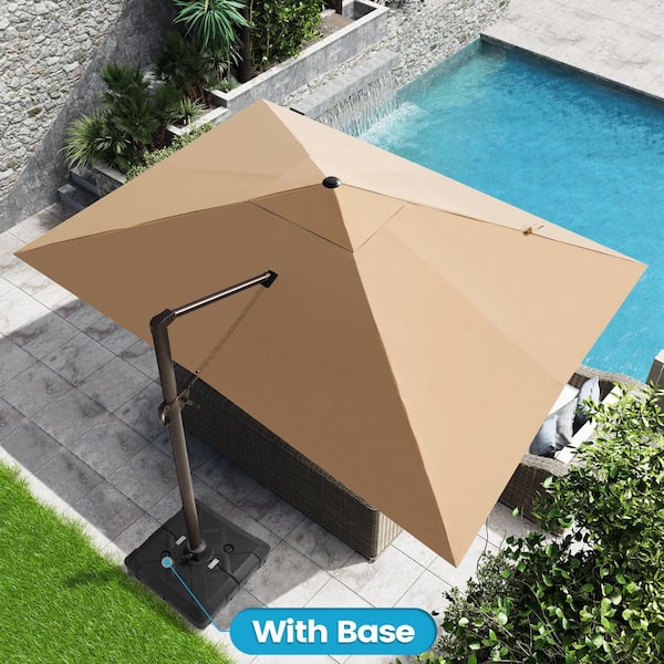 13 ft. x 10 ft. Patio Cantilever Umbrella with 220 lb. Wheeled Base Heavy Duty Aluminum Offset Umbrella in Tan Brown