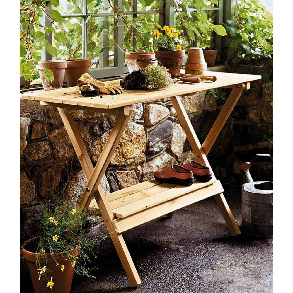 Natural Hemlock Wood Outdoor Potting Bench with Storage Shelf