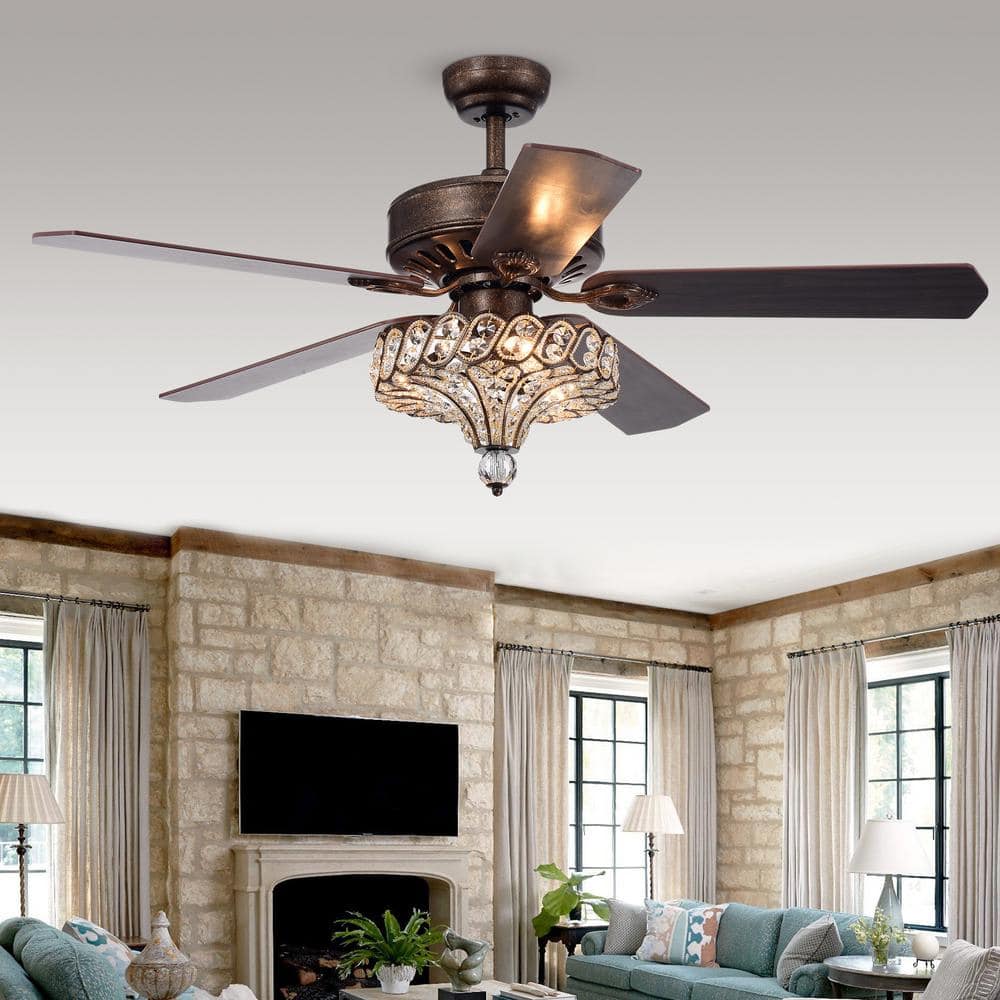 Antique Bronze 52-Inch Ceiling Fan with Crystal Chandelier and Remote
